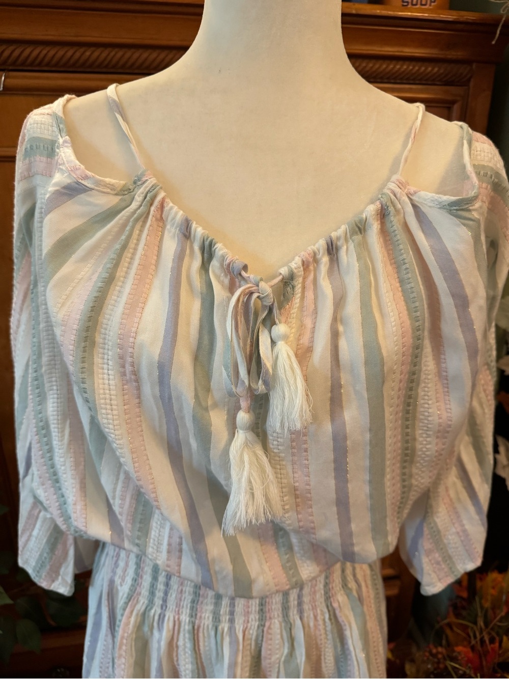 Surf Gypsy Pastel Striped Cold-Shoulder Mini Dress with Tassels - Picture 2 of 6